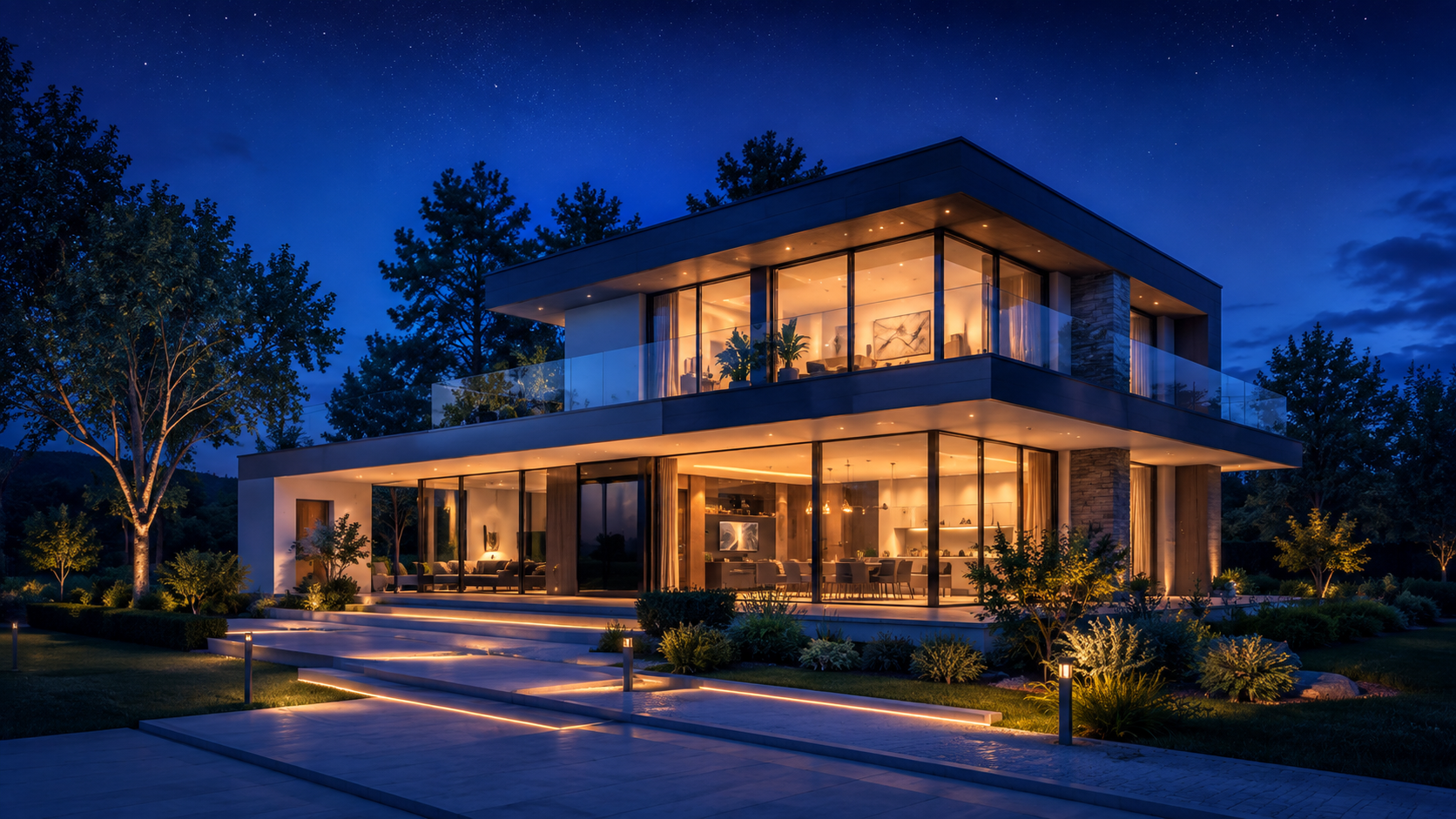 Moderne woning bij avondlicht als visualisatie van One-Home